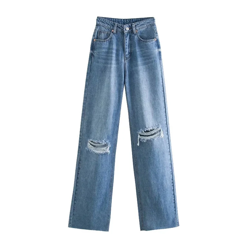 KPYTOMOA Women 2021 Chic Fashion Ripped Hole Wide Leg Jeans Vintage High Waist Zipper Fly Female Trousers Mujer