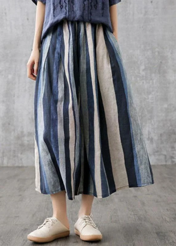 Elegant Navy Retro Striped A Line Cozy Skirts Linen