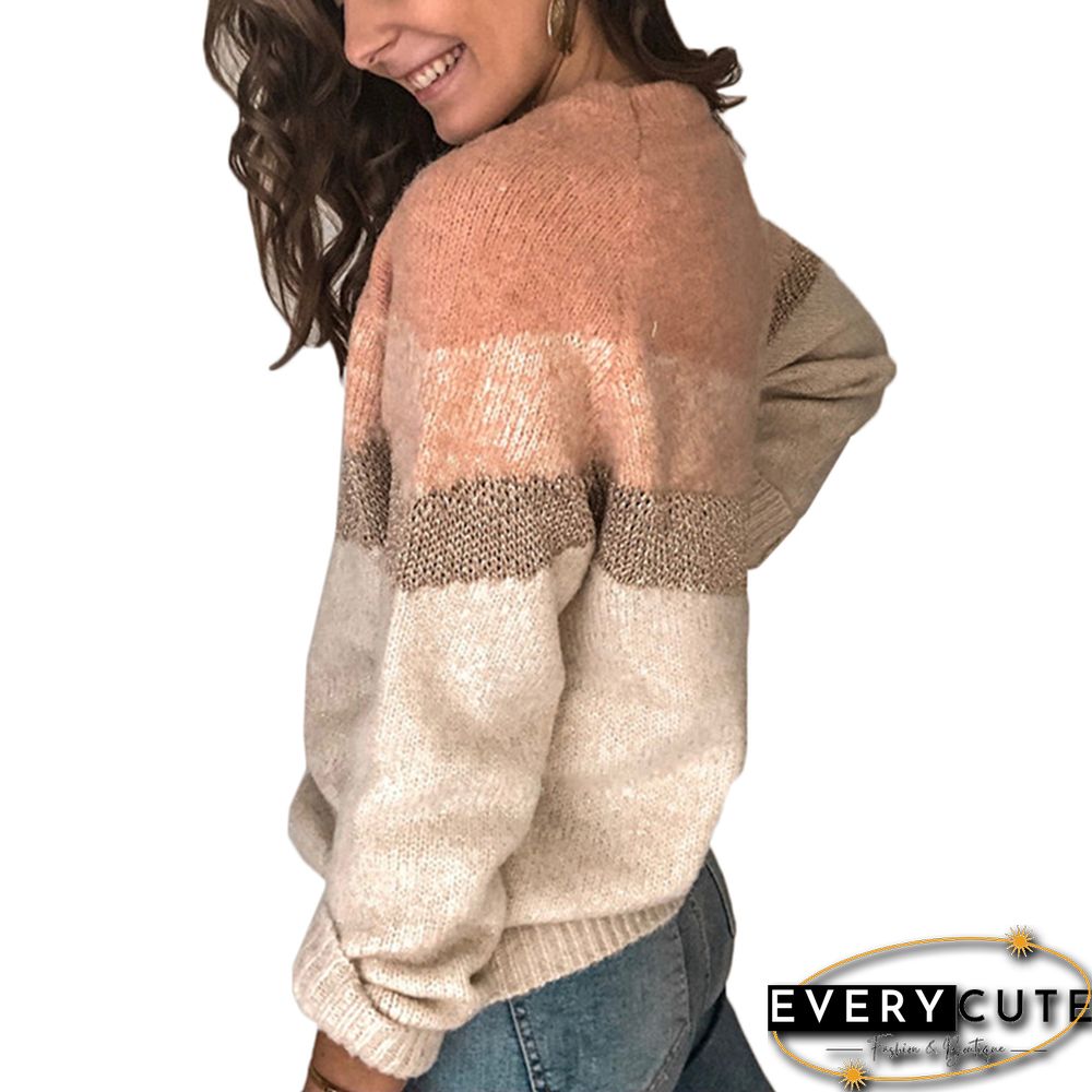 Pink Colorblock Raglan Sleeve Knit Sweater