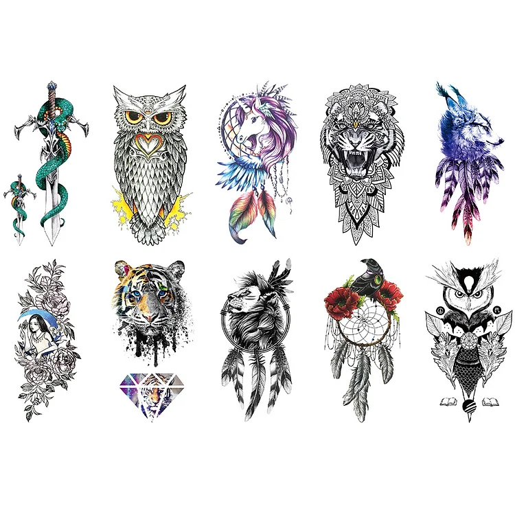 10 Sheets Animal Wolf Owl Waterproof Half Arm Temporary Tattoo