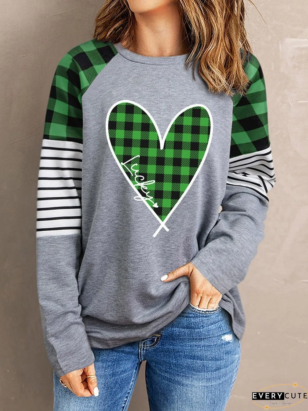 Lucky Green Plaid Heart Striped Color Block Top with Long Sleeves