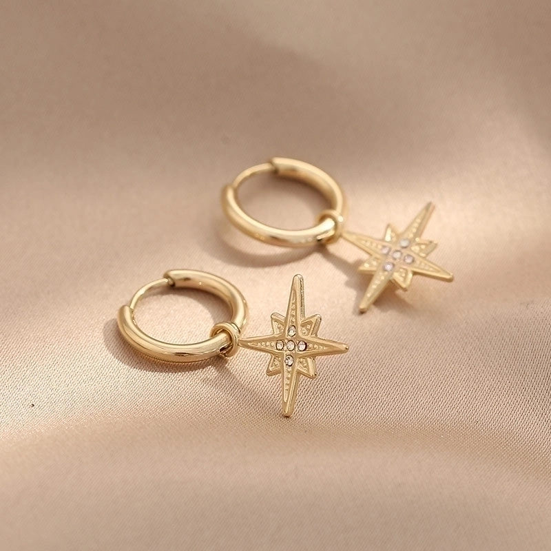 1 Pair Retro Circle Star Inlay 304 Stainless Steel Rhinestones Gold Plated Drop Earrings