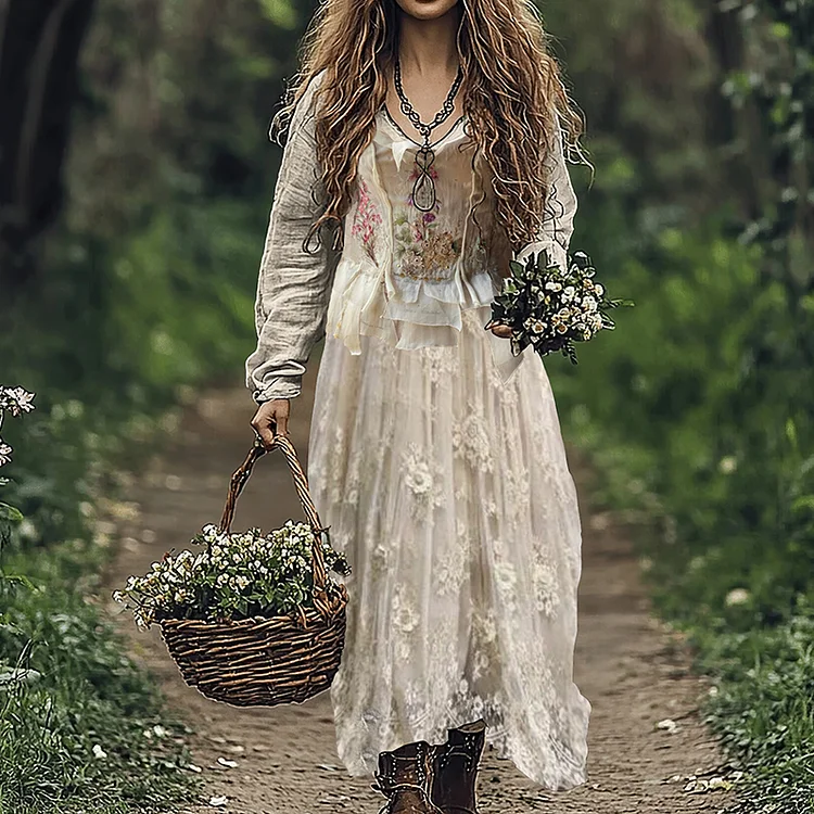 Retro Floral Lace Embroidery Art Linen Blend Maxi Dress