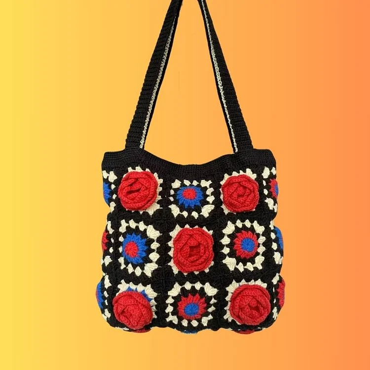 Lulusnow Handmade Black Red 3D Camellia Granny Square Vintage Style Crochet Tote Bag Shoulder Bag 