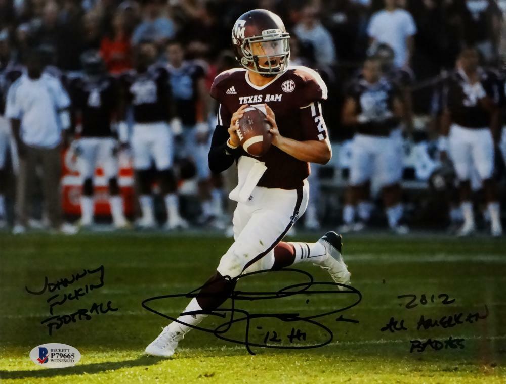 Johnny Manziel Signed Texas A&M 8x10 Rolling Out Photo Poster painting w/3 Isnc- Beckett Auth