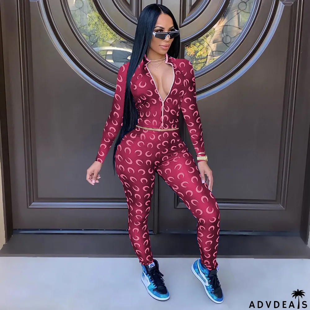 Fashion Multi-color Printed Zipper Sports Casual Suit