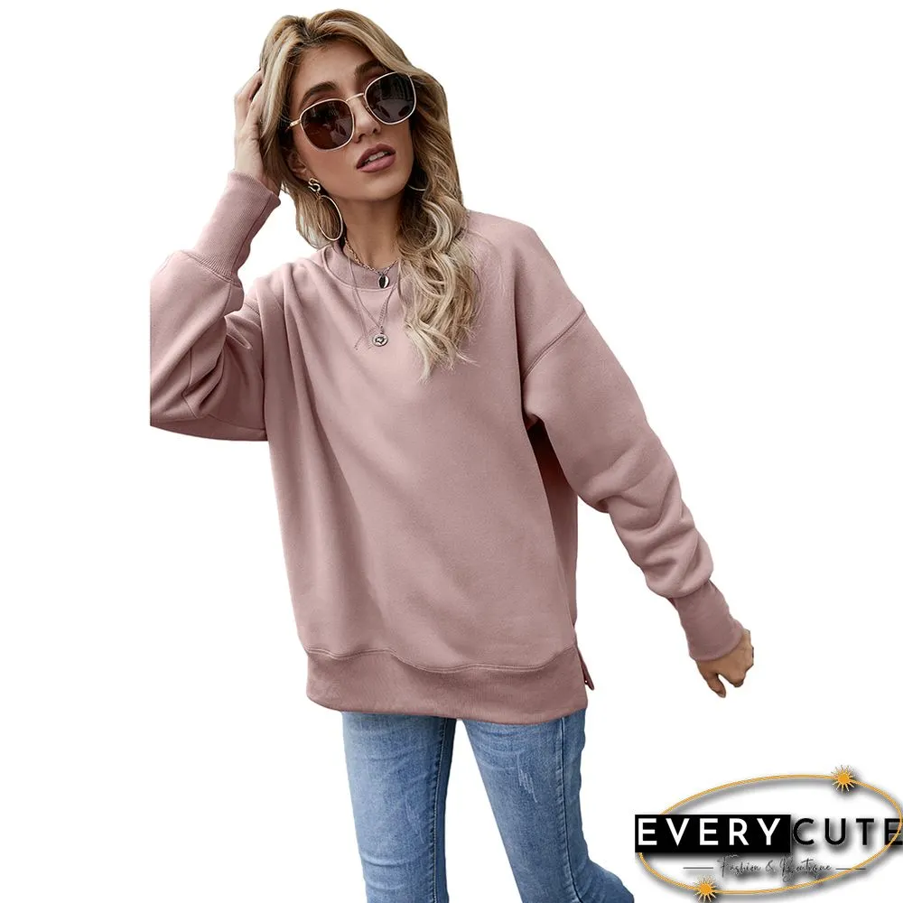 Pink Side Split Fleece Pullover Sweatshirt