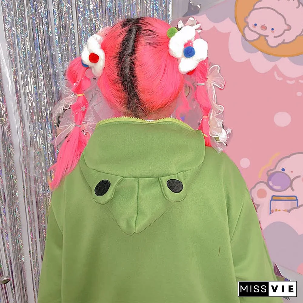 Cartoon Frog Print Pocket Plush Zipper Hoodie