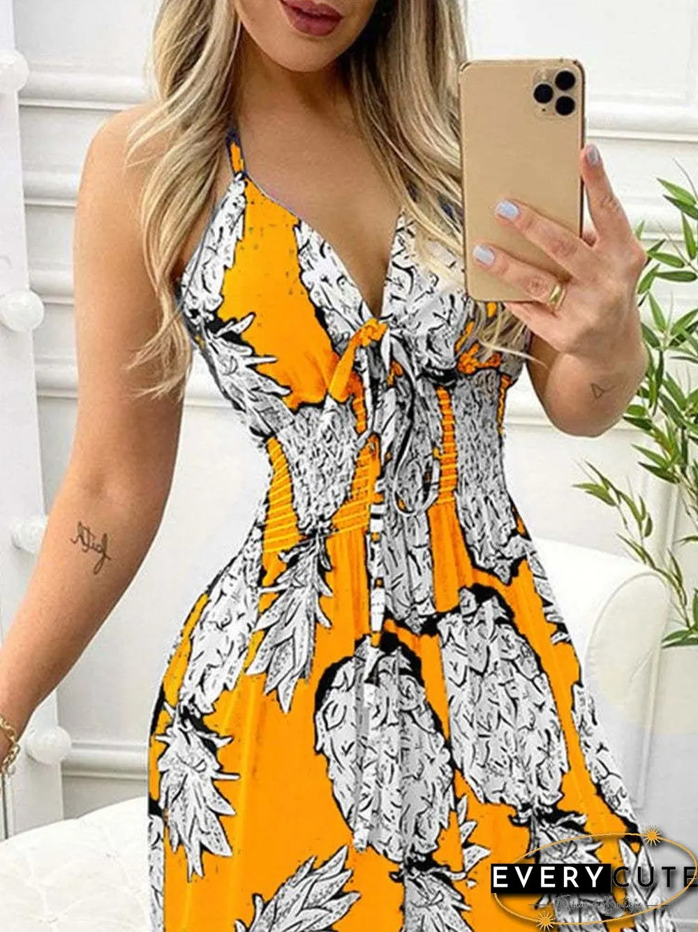 Women'S Dresses Pineapple Print Sling Open Back Maxi Dress