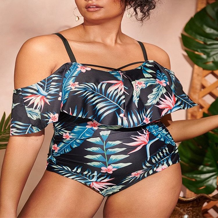 Plus Size Black Daily Tropical Print Off The Shoulder Ruffles Swimsuit