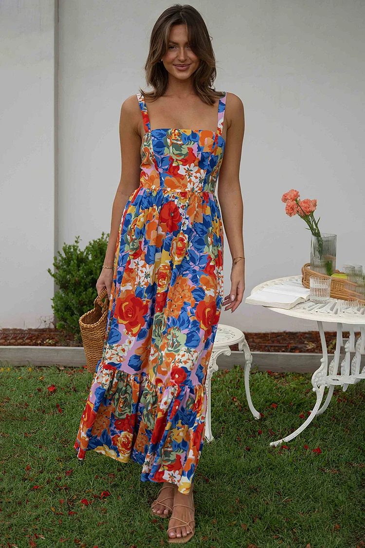 Square Neck Sleeveless Floral Print Pleated Vacation Maxi Dresses
