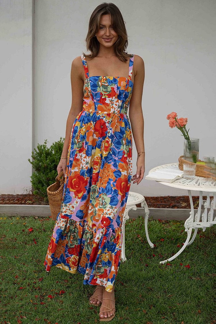 Square Neck Sleeveless Floral Print Pleated Vacation Maxi Dresses [Pre Order]