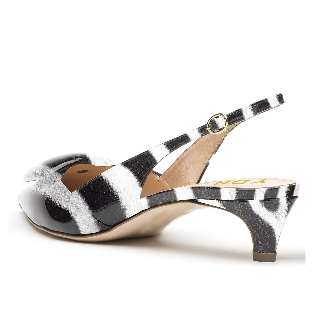 Black & White Patent Leather Slingback Heels with Zebra Print