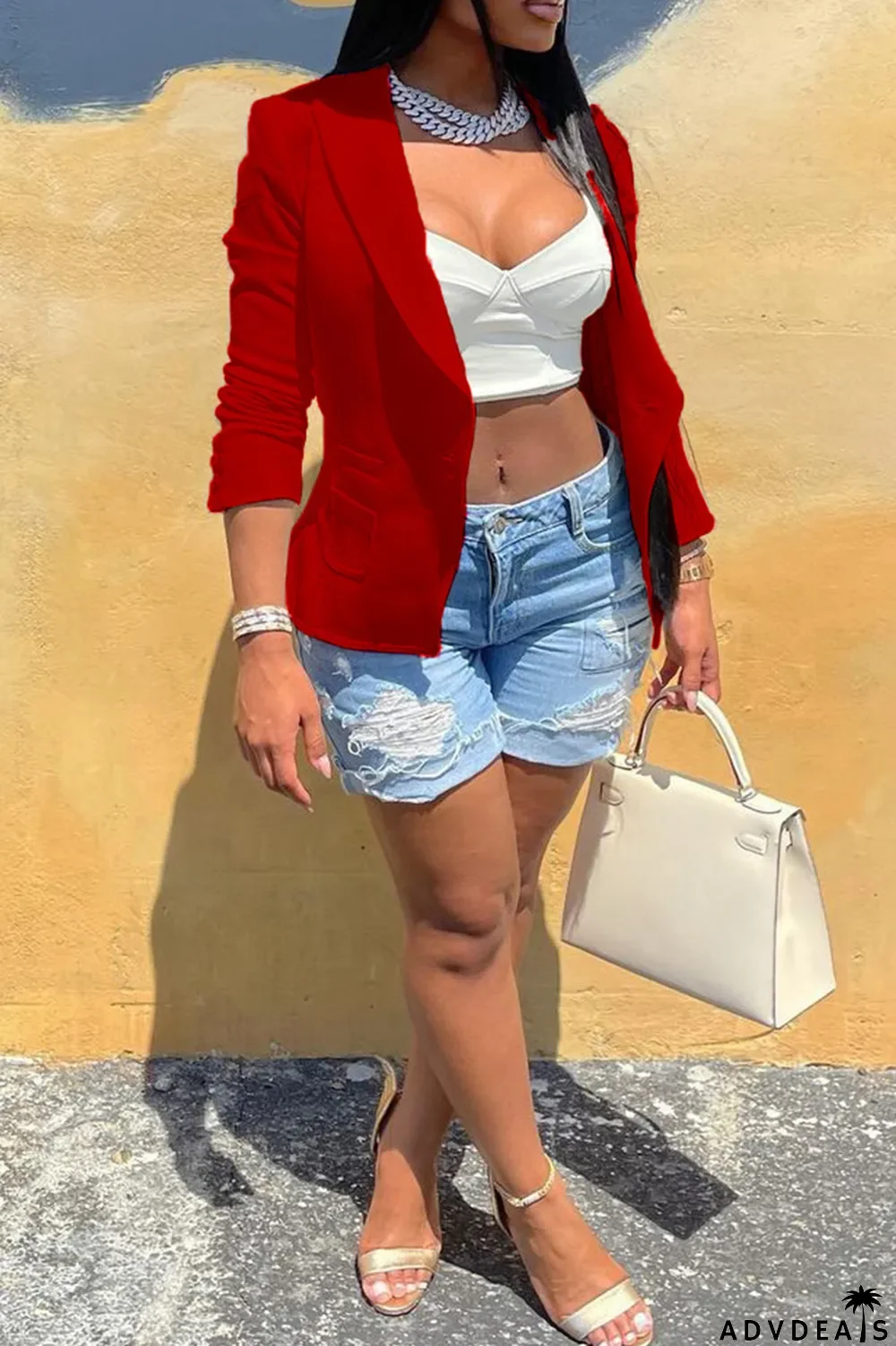 Red Fashion Casual Solid Cardigan Turndown Collar Outerwear