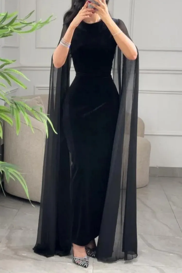 Round Neck Patchwork Cape Sleeve Velvet Slim Fit Maxi Dresses-Black