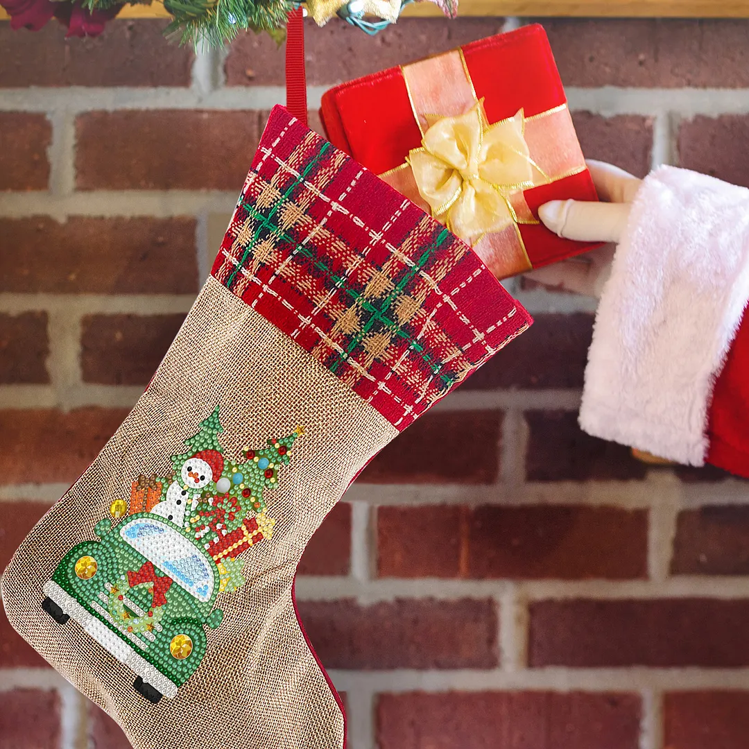 DIY Diamond Painting Christmas Stockings Hanging Ornaments Large Capacity Xmas Socks Pendant Wear Resist Candy Gift Storage Bags for Family Christmas Holiday Party Decoration (Christmas tree car)