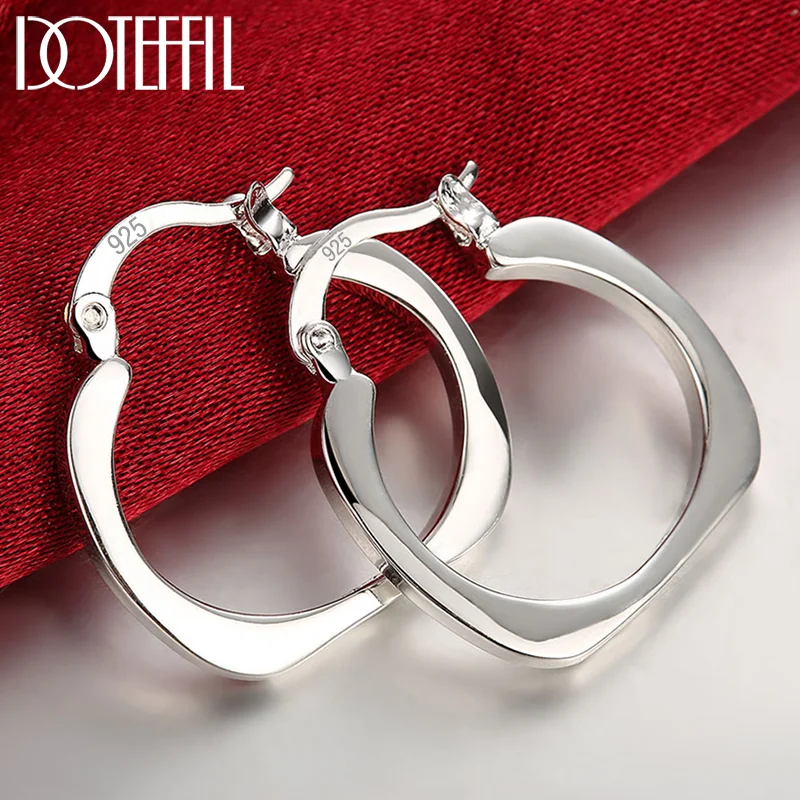 DOTEFFIL 925 Sterling Silver Flat Square Round 20mm Hoop Earrings For Woman Jewelry