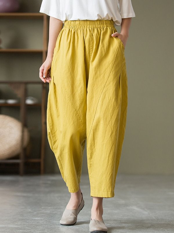 Simple Loose Linen Solid Color Split-Joint Pleated Drawstring Casual Pants