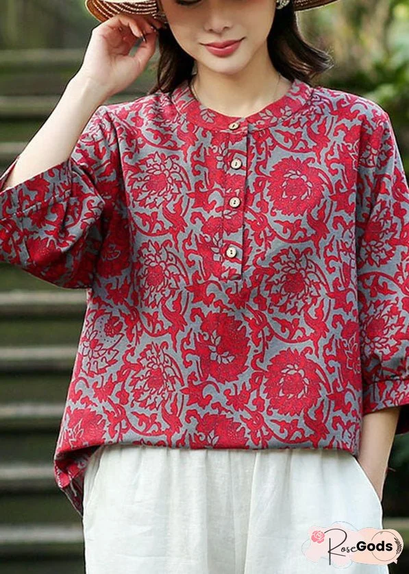 Red O-Neck Jacquard Linen Blouse Tops Bracelet Sleeve