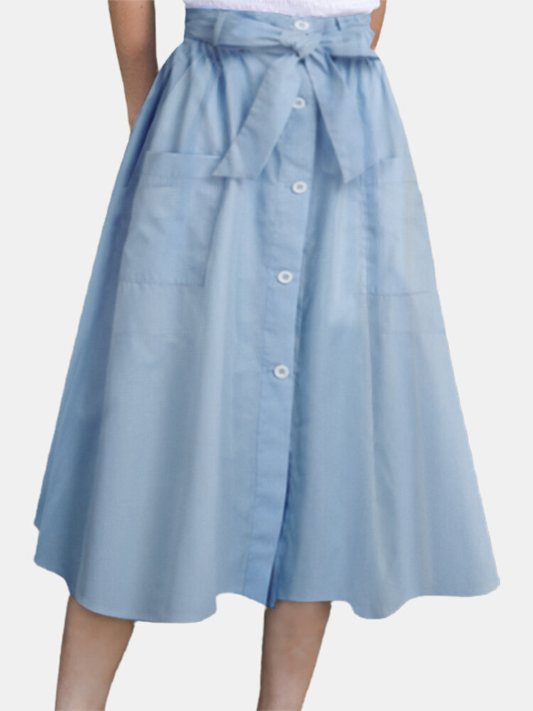 Solid Color Button Pocket Knotted Long Casual Skirt for Women