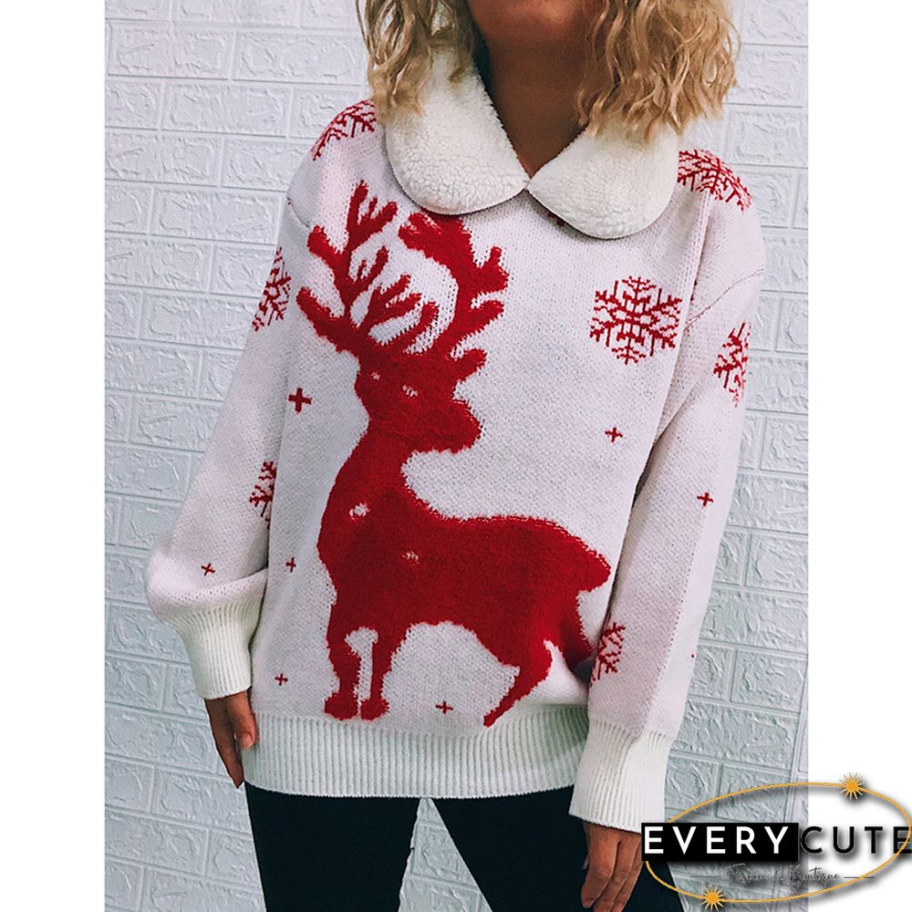 White Lapel Collar Deer Snoflake Print Christmas Sweater