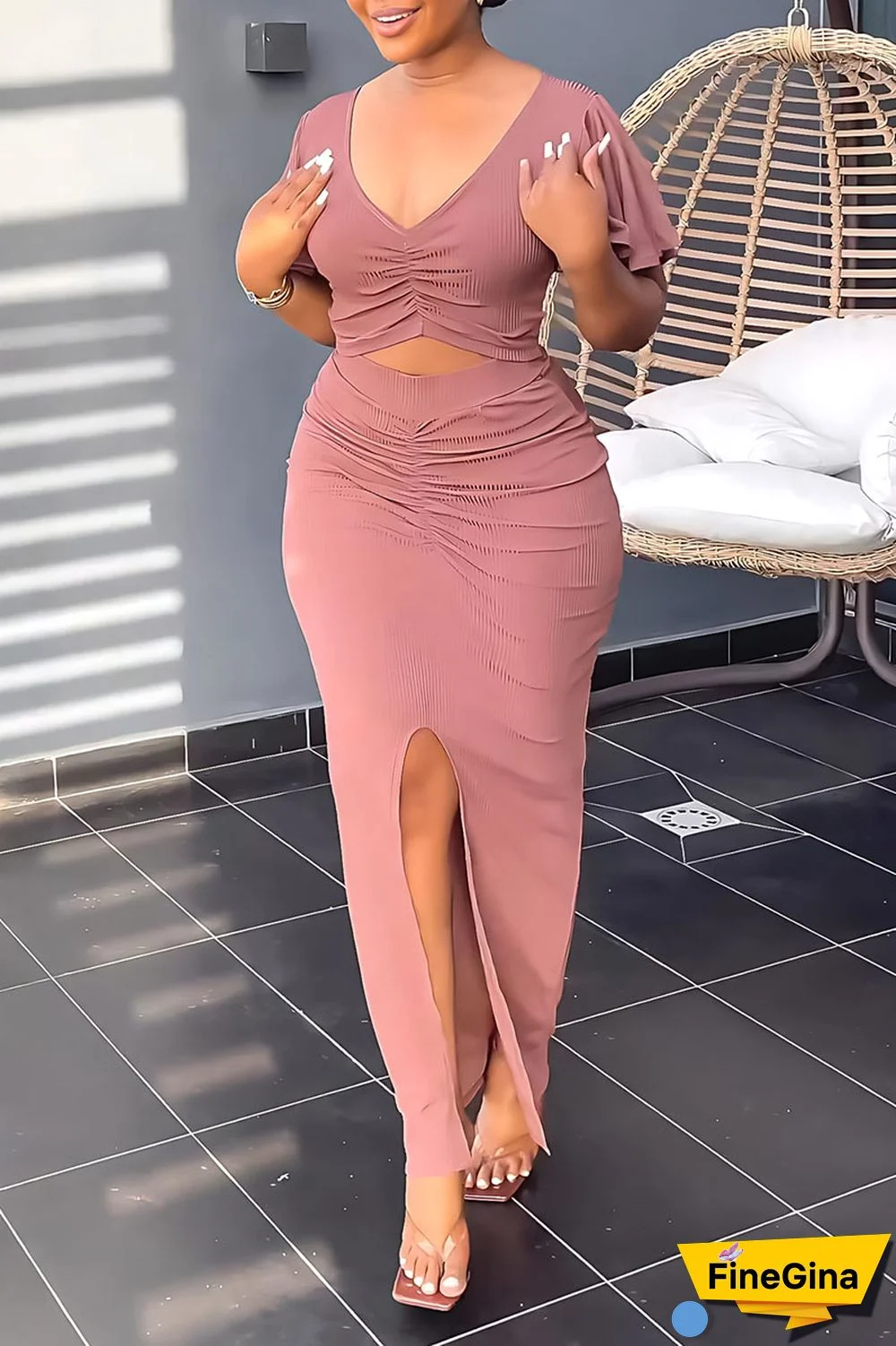 Blue Elegant Solid Patchwork Fold V Neck Short Sleeve Two Pieces