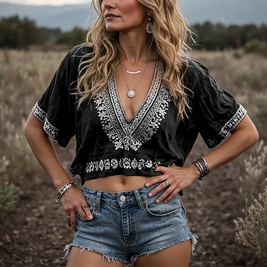 Women's Bohemian Chic: Embroidered Crop Top 
