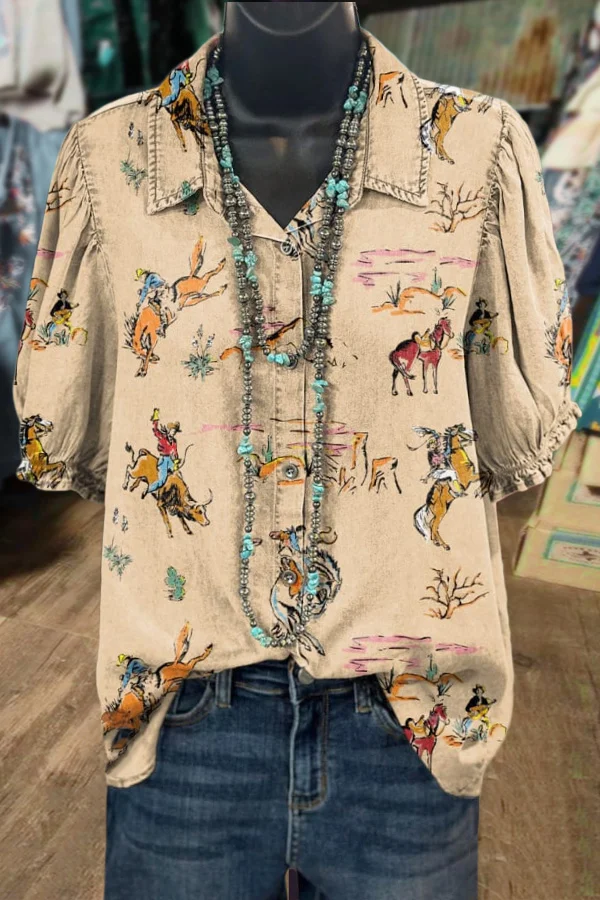 Western Cowboy Print Puff Sleeve Top