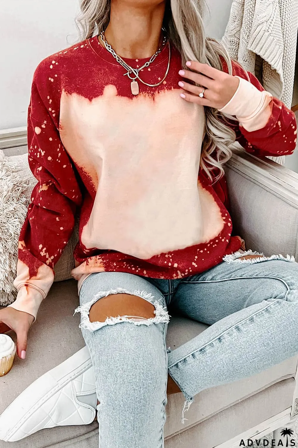 Racing Red Tie Dye Print Bleached Pullover Sweatshirt