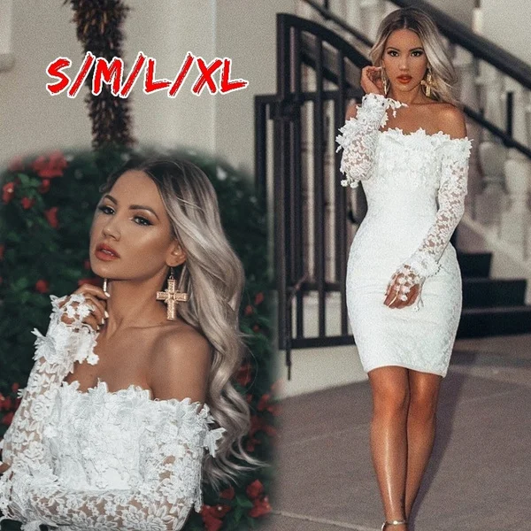 Off-the-shoulder Lace Patchwork Nightclub Clothing Ladies Summer Mini Dress White Ball Gown Evening Dress Ladies Wedding Lace Dress
