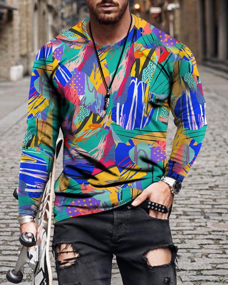 Men's Abstract Paint Printed Long Sleeve T-shirt