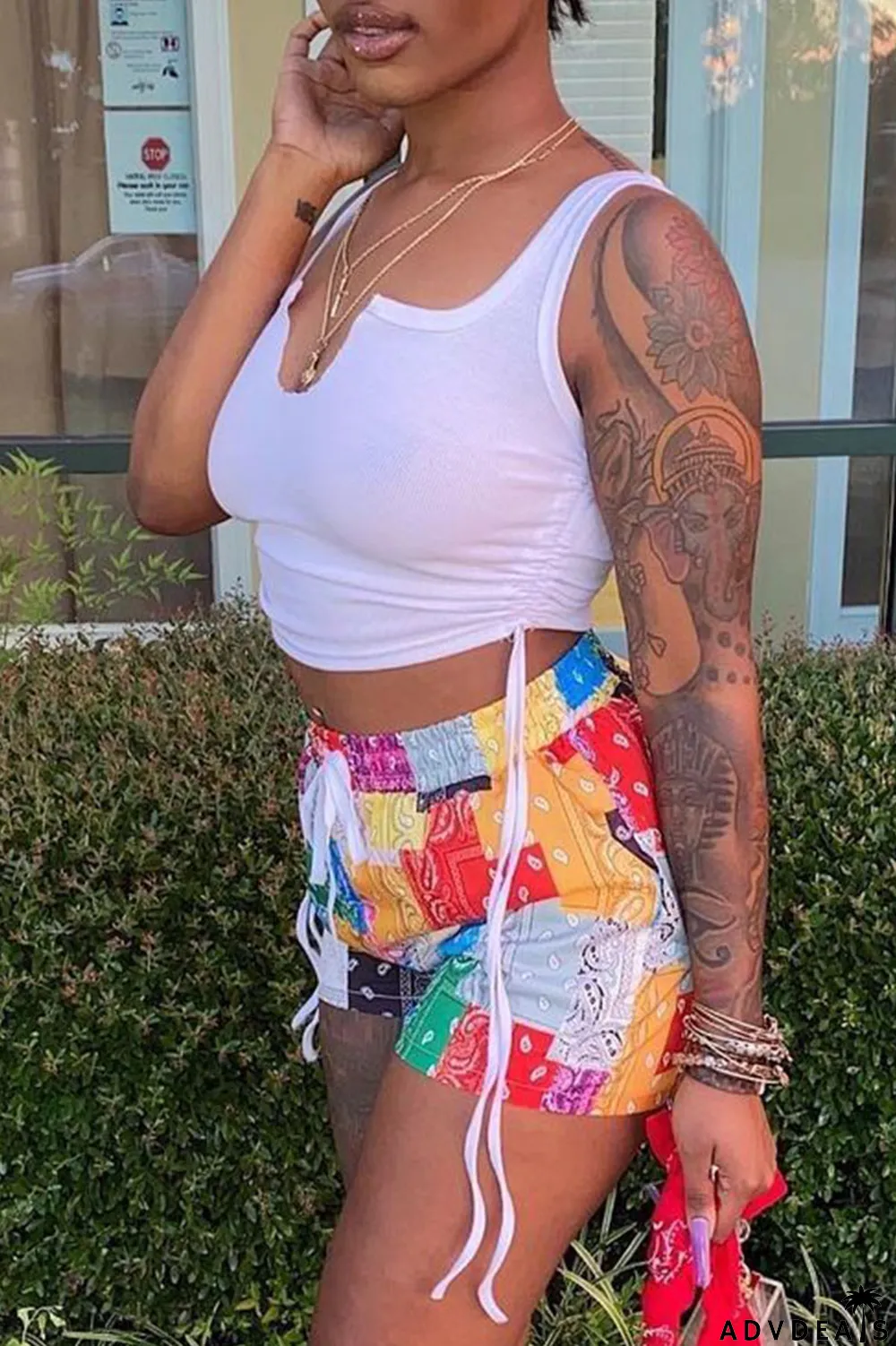 Grey Sexy Print Ripped Contrast Spaghetti Strap Sleeveless Two Pieces