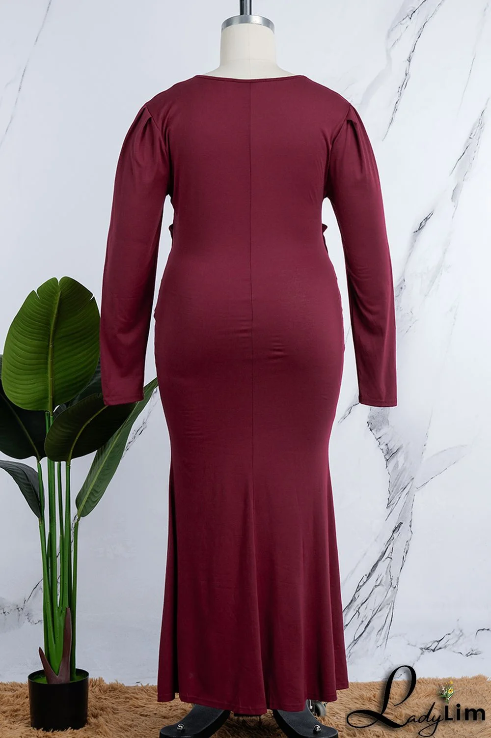 Orange Casual Solid Patchwork V Neck Long Sleeve Plus Size Dresses