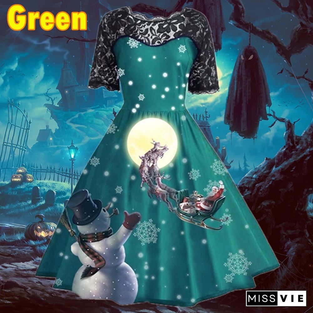 7 Colors Women Fashion Pumpkin Snowflake Print Dress Short Sleeve Lace Dress Christmas Halloween Costume Knee Length Party Dresses