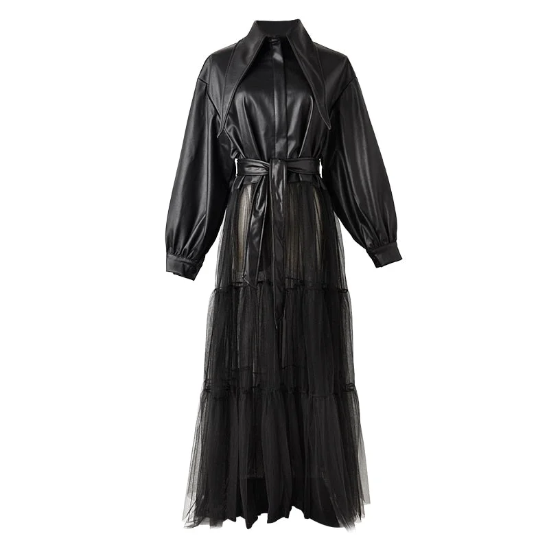 [EAM] Loose Fit Black Mesh Big Size Long Pu Leather Jacket New Lapel Long Sleeve Women Coat Fashion Spring Autumn 2021 PB27901