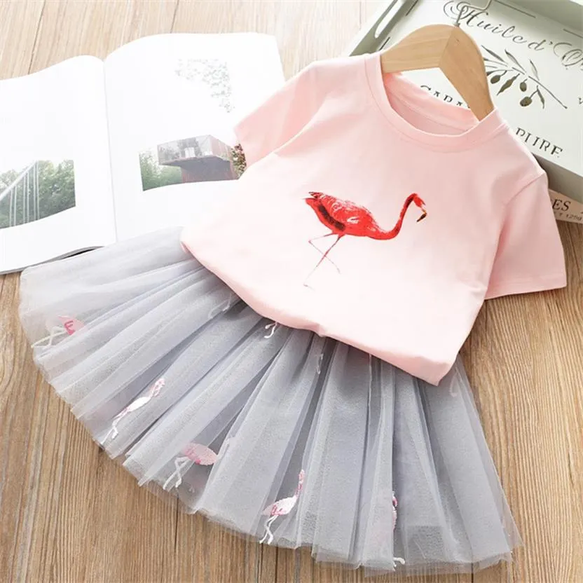 Girls Clothing Sets 2021 Summer Princess Girl Bling Star Flamingo Top + Unicorn Print Dress 2pcs Set Children Clothing Dresses