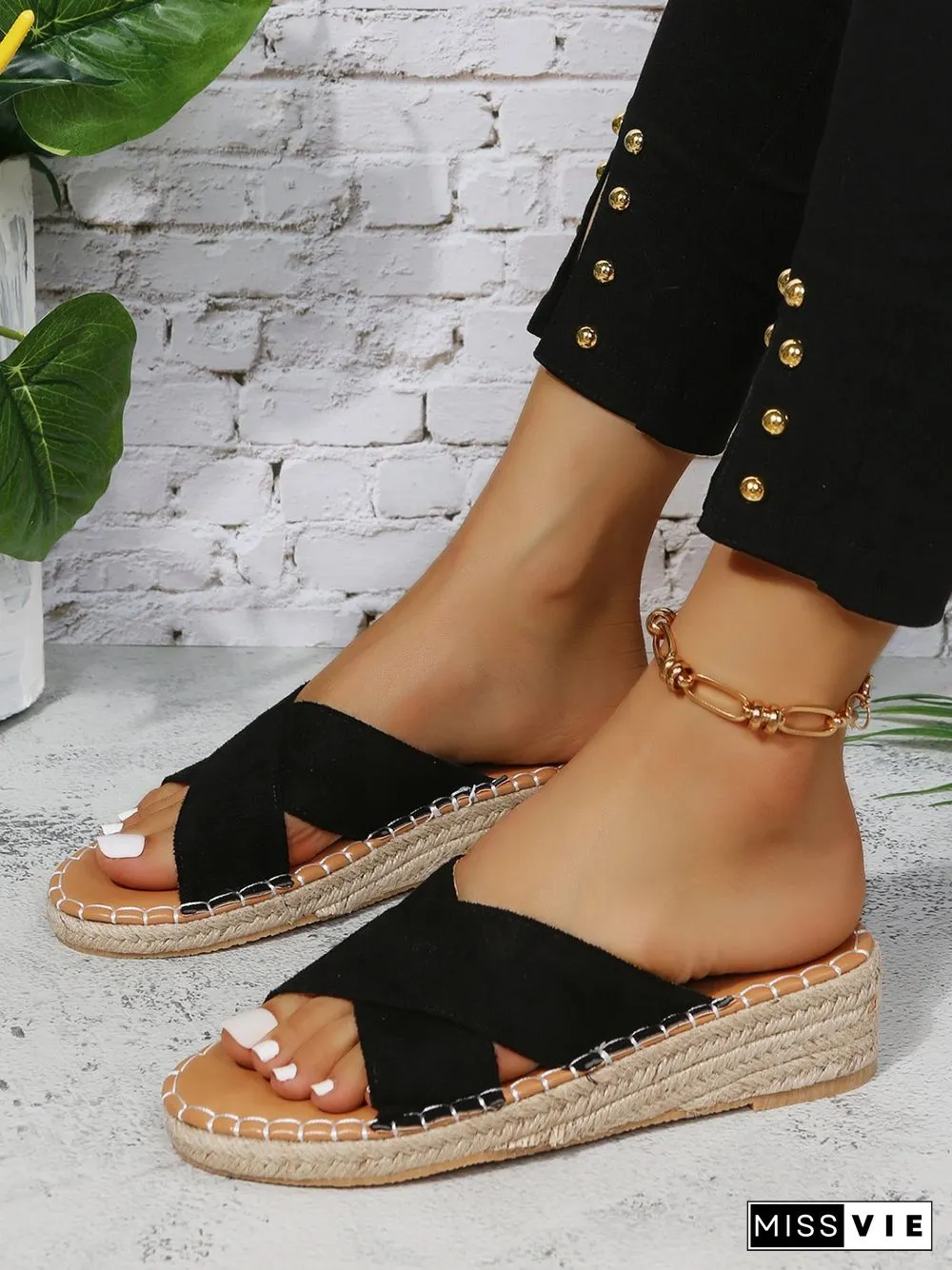 Faux Suede Cross Strap Straw Wedge Slides