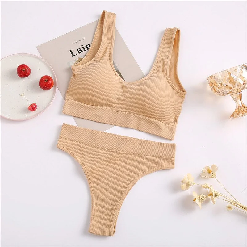 FINETOO Seamless Tops Set High Waist Panties Women Wireless Underwear Suit Soft Padded Bras Set S-XL Backless Bralette Lingerie