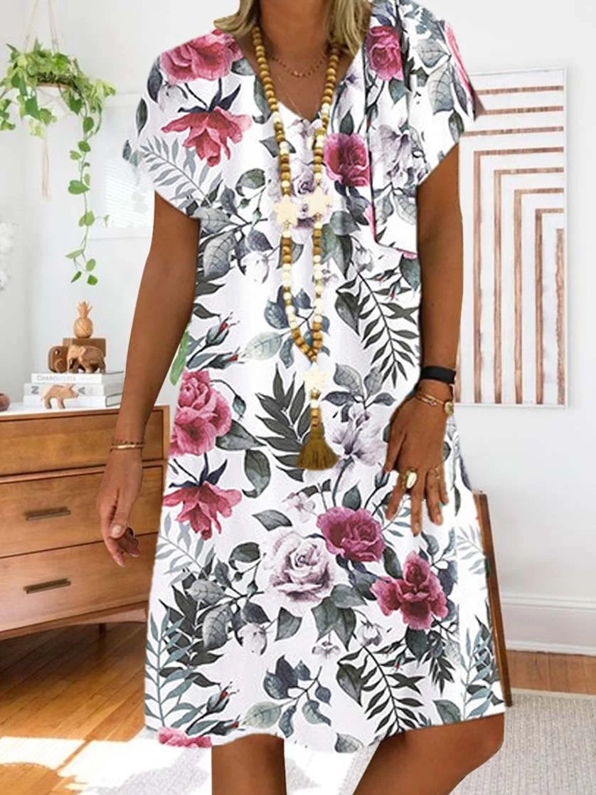 Women Half Sleeve V-neck Solid Color Dress