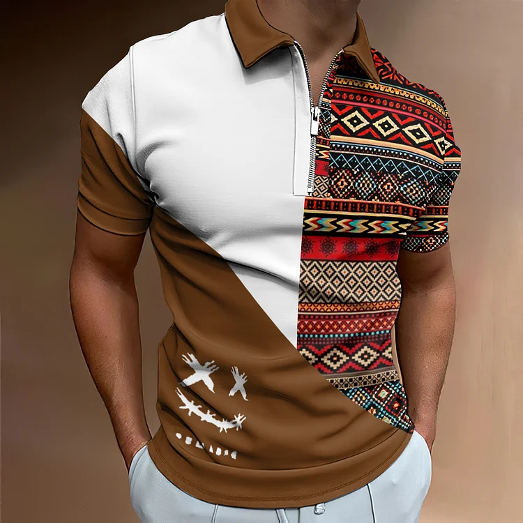 BrosWear Men's Ethnic Geometric Funny Face Pattern Polo Shirt