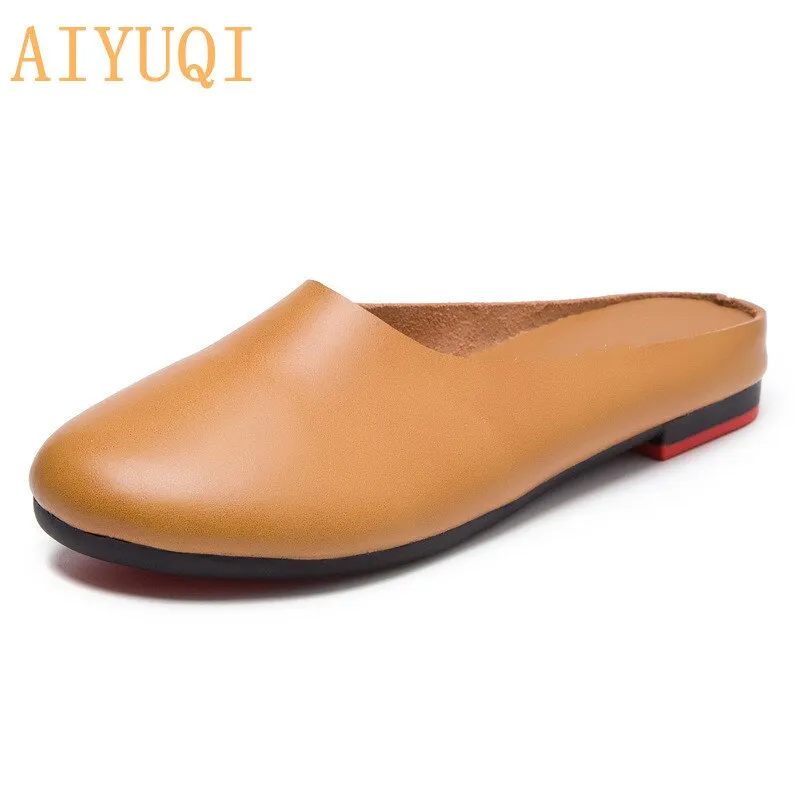 AIYUQI  Women Slippers 2021 Spring New Genuine Leather Women Shoes big Size 41 42 43 Flat Casual Summer Half Slippers Women