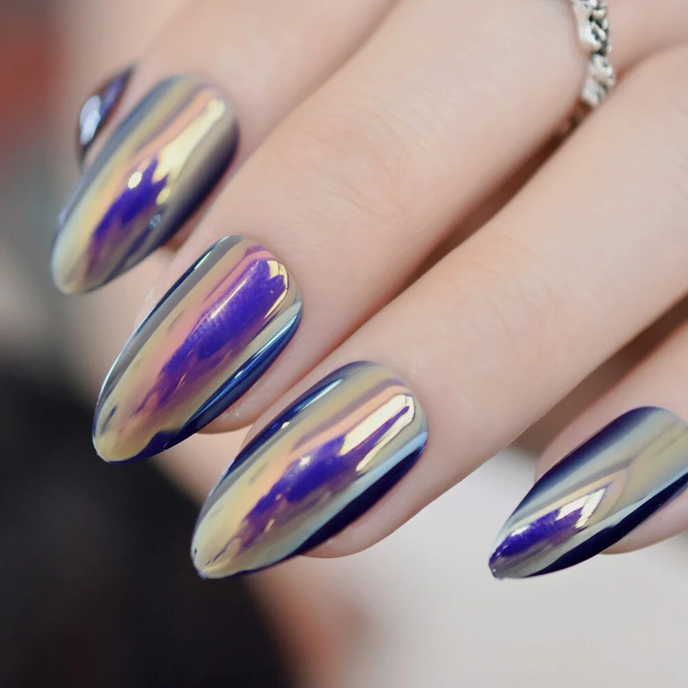 Quality Unicorn Chrome Fake Nails Gorgeous Yellow Blue Mirror Stiletto Full Cover Nail False with Adhesive Glue Sticker 24 Ct