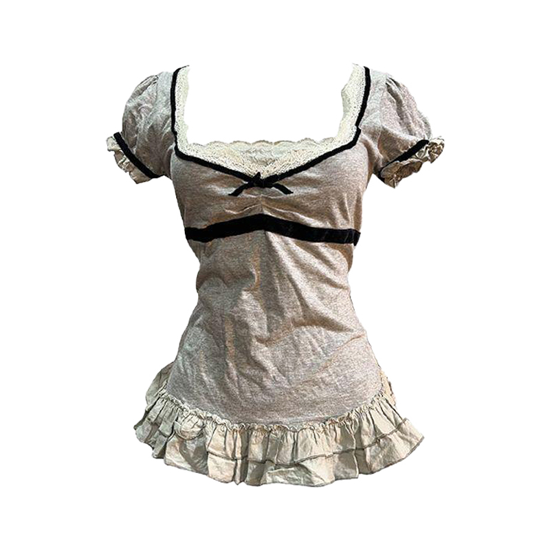 Megaarcadee Harajuku Retro Y2K Aesthetic Womens Long Sleeve Top Sexy Slim Chic Aesthetic Lace Bow Design Mini Skirt Gothic E-Girl Streetwear