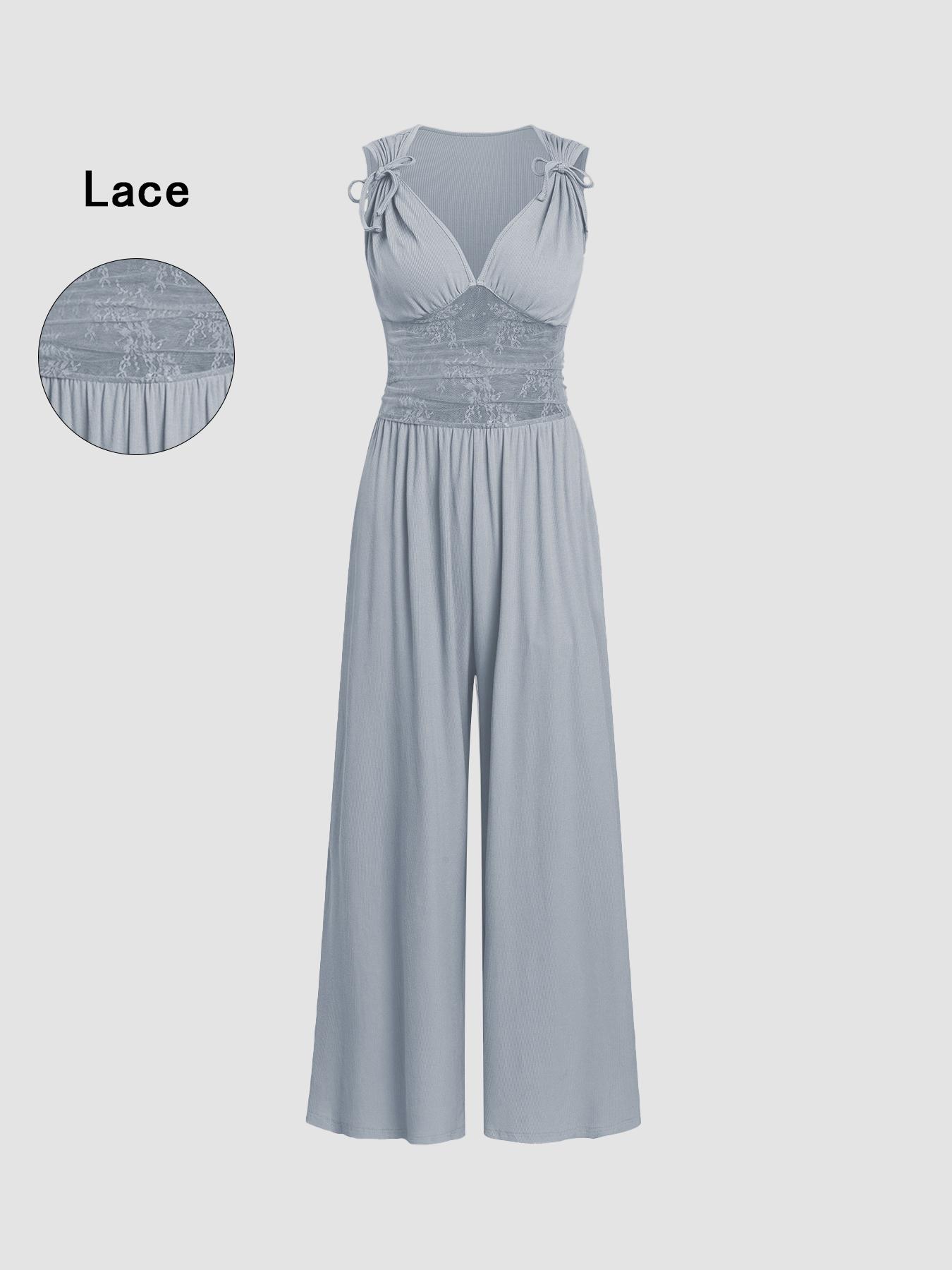 Women's Plain Ruched Deep V Neck Wide Leg Jumpsuit, Casual Sleeveless Ribbed Jumpsuit for Daily Wear, Ladies Clothes for All Seasons, Womenswear Basic Minimalist