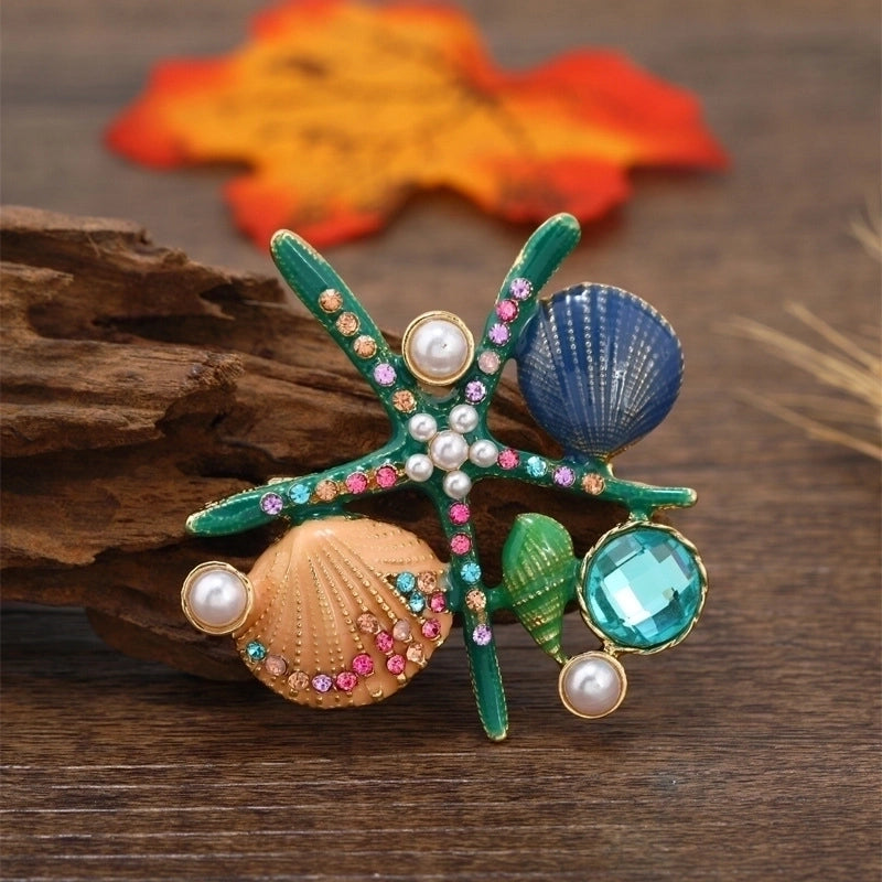 Korean Style Pin Starfish Shell Alloy Plating Inlay Rhinestones Pearl Unisex Brooches