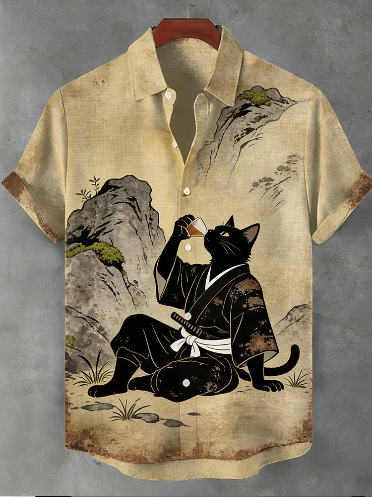 Men's Landscape Drinking Samurai Way Cat Short Sleeve Shirt  artssus