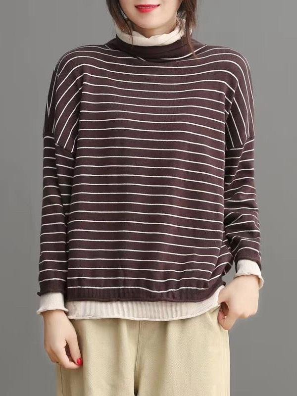 Vintage False-two Split-joint High-neck Striped Sweater