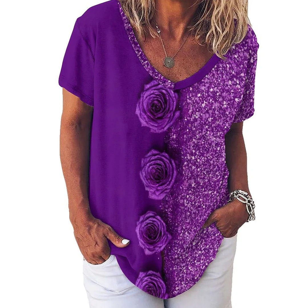 V-neck Short Sleeve Casual T-shirt for  Women Printed with Pattern Purple, Patchwork, Glitter, Rose, Floral