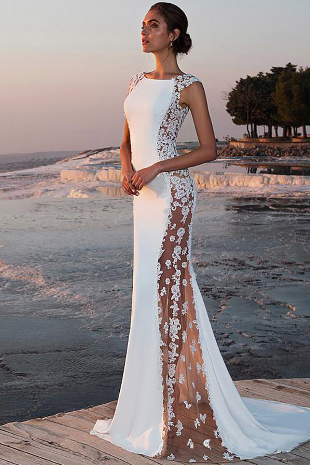 Sexy Sleeveless Lace Patchwork Lace Long Elegant Evening Dress