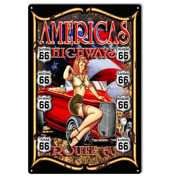 America route 66 - enseigne en étain vintage et plaque en bois - 7.9x11.8in & 11.8x15.7inch